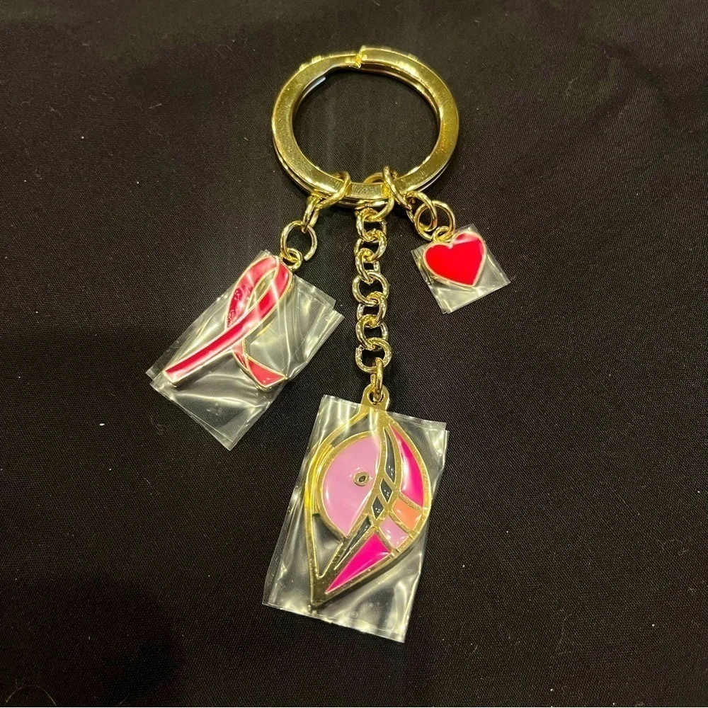 3 For $20! Gold Toned& Pink Ribbon Keychain Estee Lauder Breast Cancer Awareness